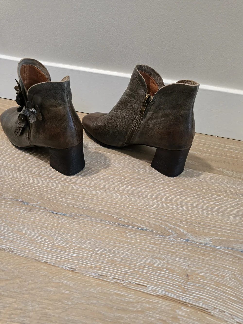 Olive Green & Brown Leather Floral Appliqué Ankle Booties
